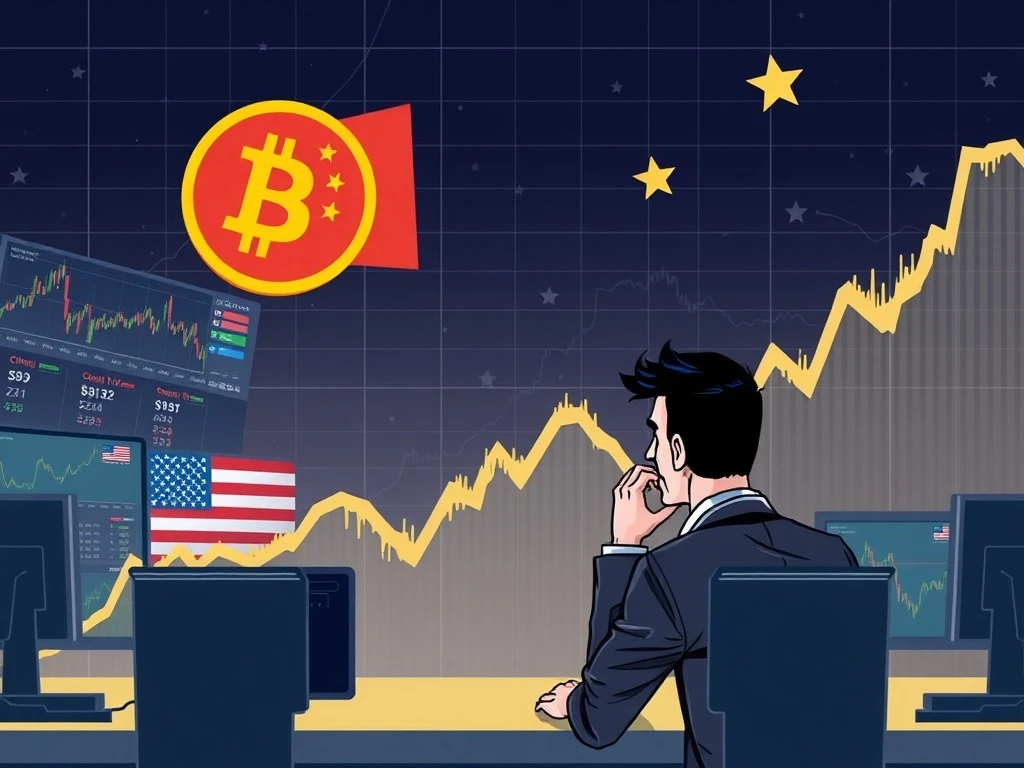 Bitcoin price chart declining amid US trade deficit and Chinese banking crisis indicators