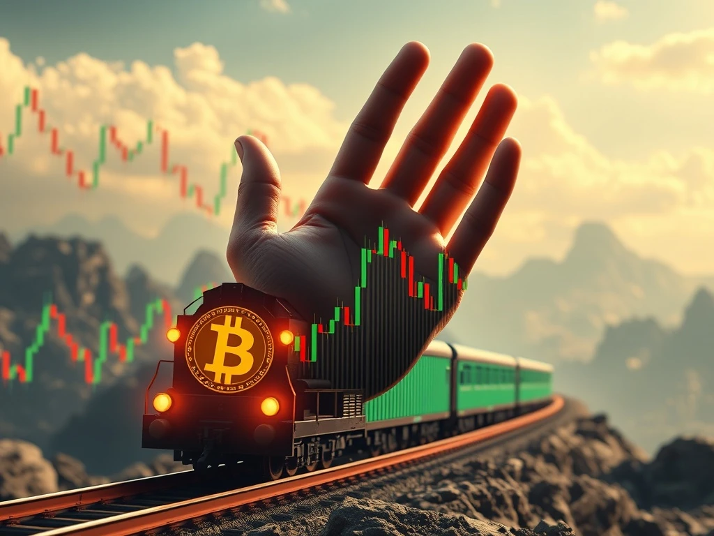 A symbolic image showing a hand halting a Bitcoin price chart, representing dip-buyers intervening during a market downturn.
