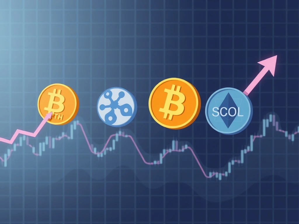 A chart showing various cryptocurrency price movements, with Bitcoin prominently featured, illustrating the current Bitcoin price prediction and market trends.