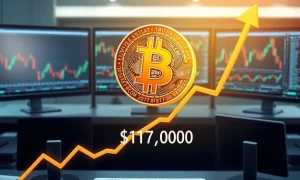 Bitcoin price chart showing upward trend toward $117,000 target with key support levels