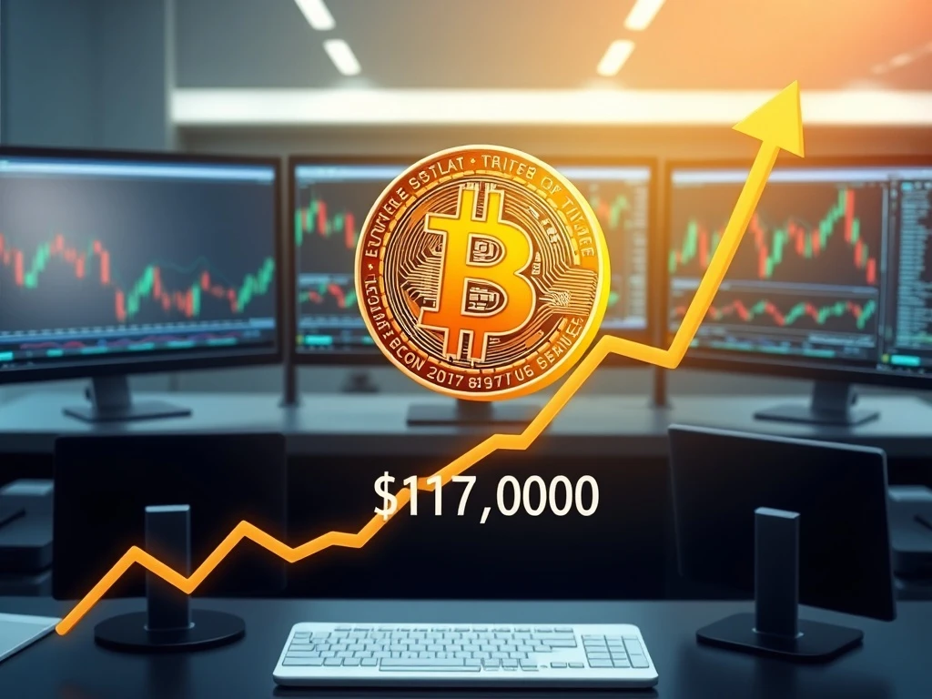Bitcoin price chart showing upward trend toward $117,000 target with key support levels