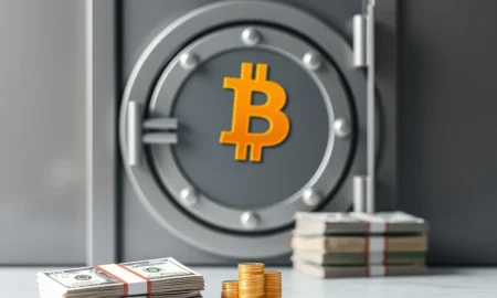 A secure vault door representing a US Bitcoin strategic reserve, symbolizing a new funding method.