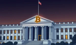 Illustration of US Treasury building with a Bitcoin symbol, representing the potential for US Treasury Bitcoin acquisition.