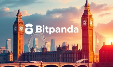 Bitpanda UK market entry depicted by a vibrant digital interface overlaying London skyline, symbolizing its ambitious expansion.