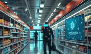 Advanced retail security system utilizing blockchain technology for shoplifting prevention in a modern supermarket.