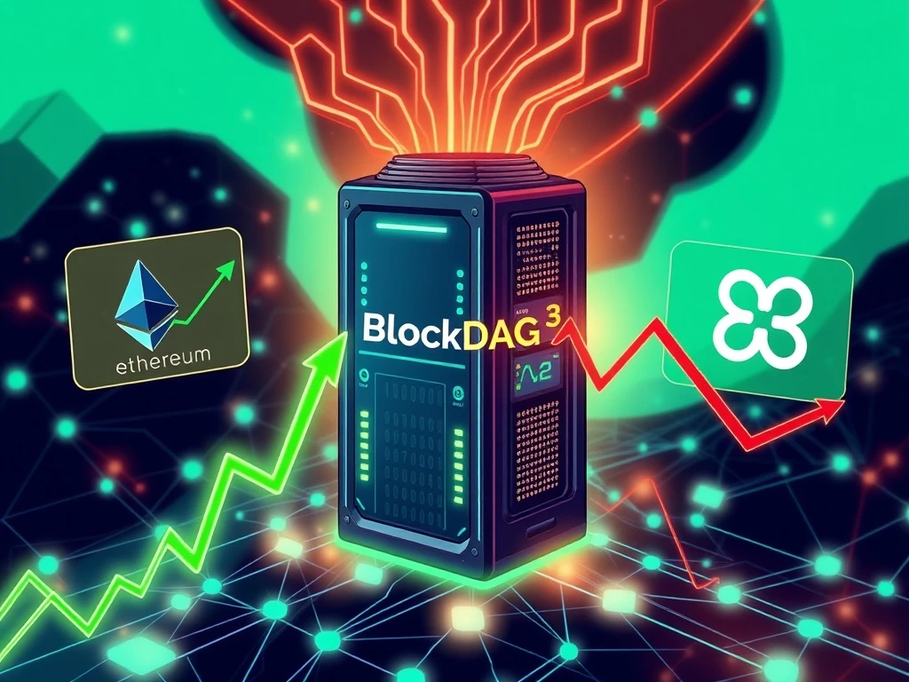 A visual representation of BlockDAG's significant mining power, contrasted with Ethereum's upward price trajectory and Ripple's market dip, illustrating key cryptocurrency market dynamics.