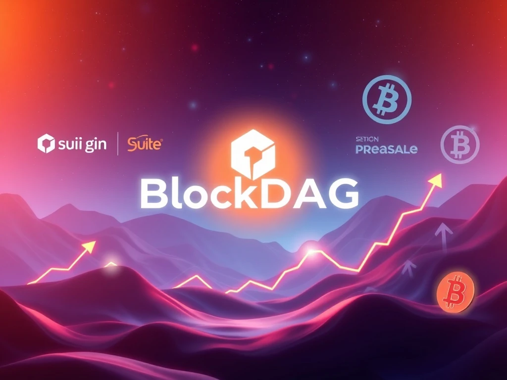 Visualizing the immense success of the BlockDAG presale, with market growth symbols for Sui and Chainlink, and a focus on the exciting 10 BTC auction.