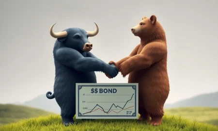 A bull and a bear shaking hands over a bond, illustrating a unified bond market strategy for diverse investors.