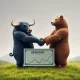 A bull and a bear shaking hands over a bond, illustrating a unified bond market strategy for diverse investors.