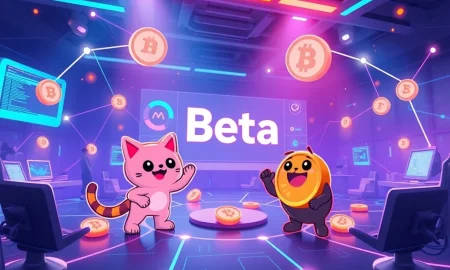 A vibrant digital interface depicting **Meme Coins** characters engaged in a blockchain game center, symbolizing innovation and growth.