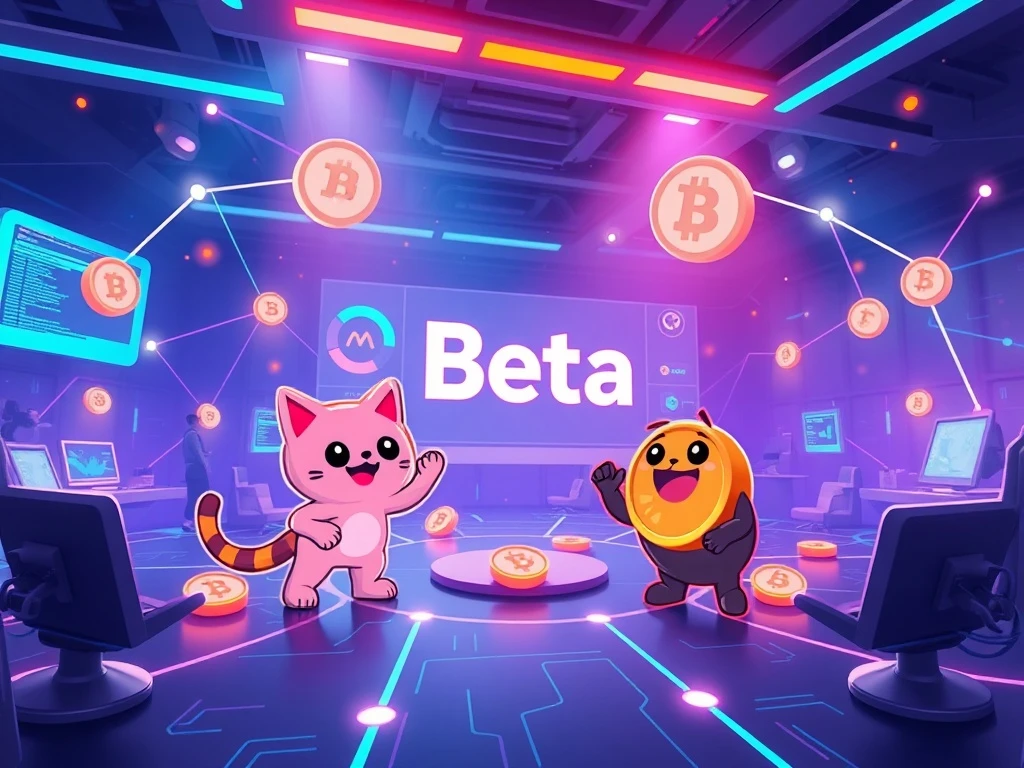 A vibrant digital interface depicting **Meme Coins** characters engaged in a blockchain game center, symbolizing innovation and growth.