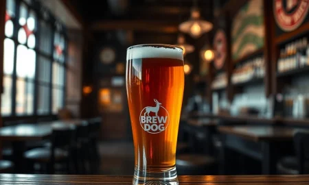 A solitary BrewDog beer glass on a pub bar, symbolizing the brand's declining presence in UK pubs.