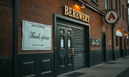 Facade of a historic brewery with closed doors, signifying its permanent brewery closing after decades of service.