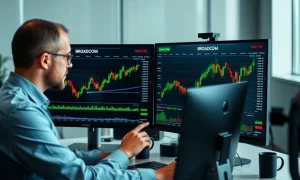 Financial analyst evaluating Broadcom price target projections with stock performance charts