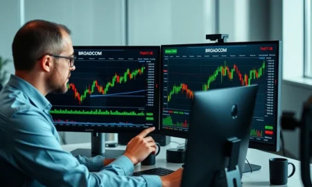 Financial analyst evaluating Broadcom price target projections with stock performance charts
