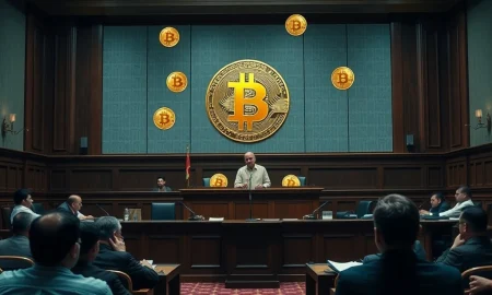 Indian courtroom delivering BTC kidnapping verdict with Bitcoin symbolism