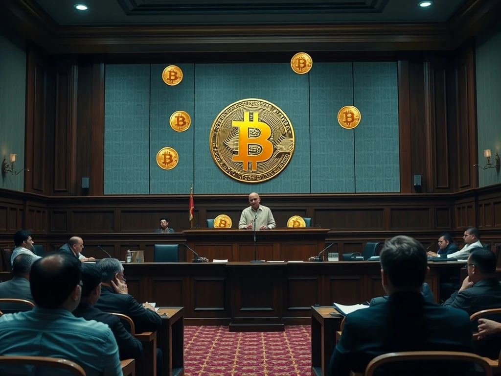 Indian courtroom delivering BTC kidnapping verdict with Bitcoin symbolism