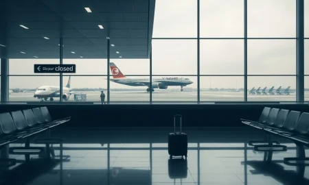 An empty airport terminal with a subtle airline logo, symbolizing the profound impact of a major budget airline closure on travel and the aviation industry.