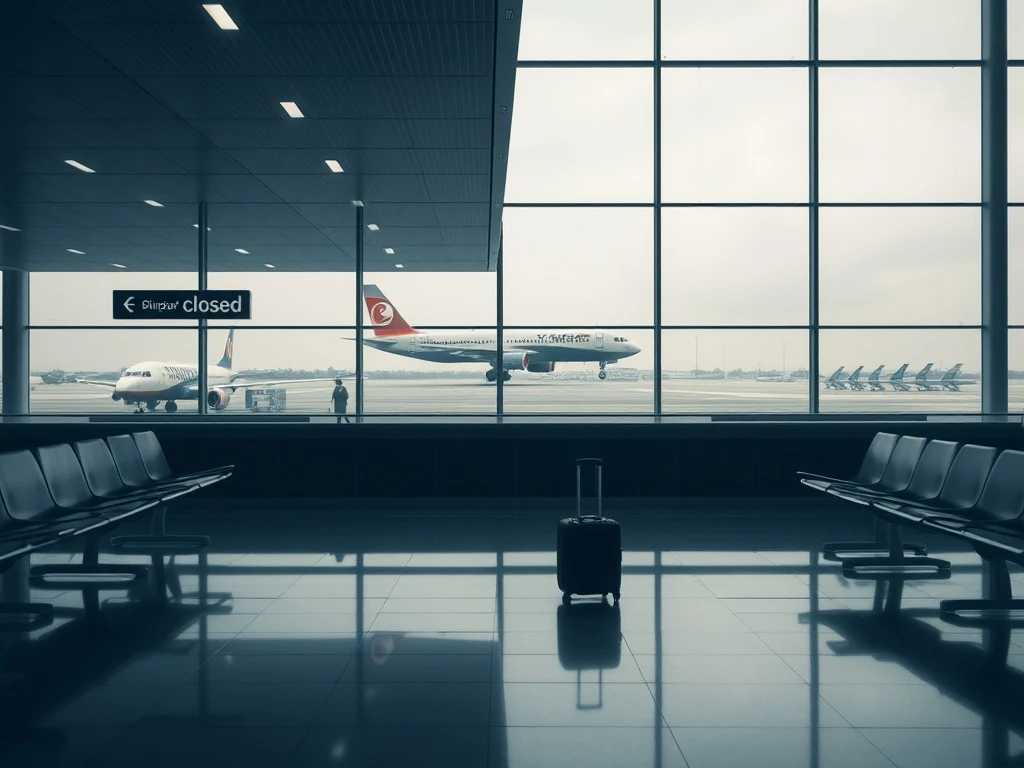 An empty airport terminal with a subtle airline logo, symbolizing the profound impact of a major budget airline closure on travel and the aviation industry.