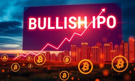 A digital stock ticker showing the Bullish IPO soaring, symbolizing strong investor interest in the CoinDesk parent's public offering.