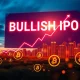 A digital stock ticker showing the Bullish IPO soaring, symbolizing strong investor interest in the CoinDesk parent's public offering.