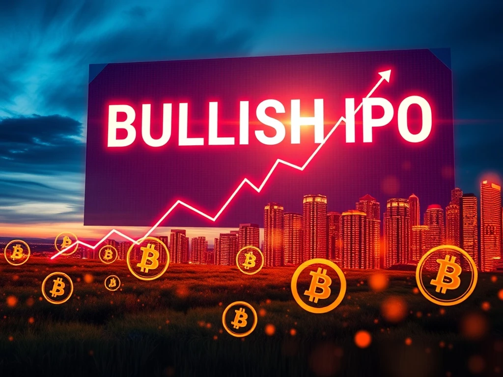 A digital stock ticker showing the Bullish IPO soaring, symbolizing strong investor interest in the CoinDesk parent's public offering.