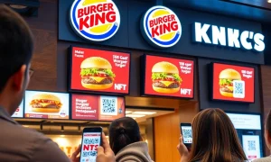 Burger King Whopper NFT digital collectible displayed on smartphone with restaurant background