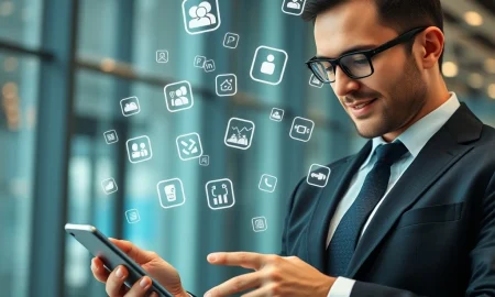 Business professional using mobile app development for customer engagement and growth