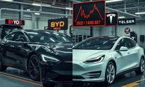 BYD Tesla strategy failure showing electric vehicle production line with declining financial charts