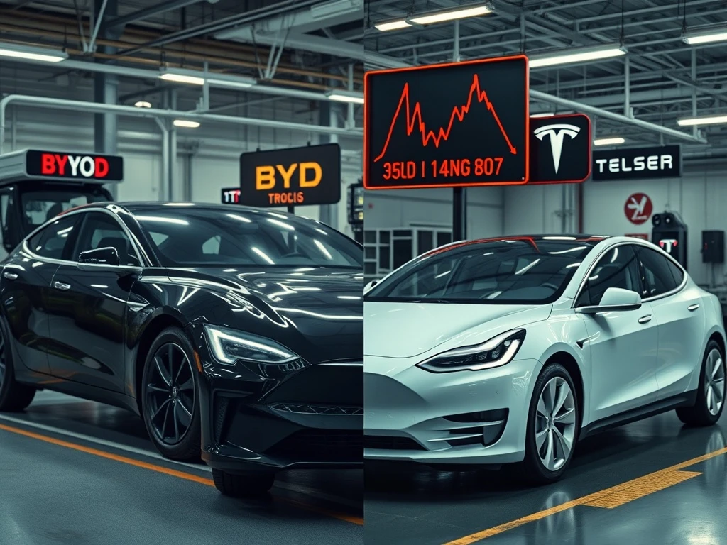 BYD Tesla strategy failure showing electric vehicle production line with declining financial charts