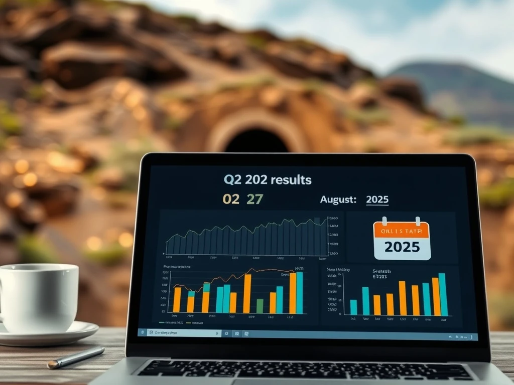 Visualizing the release of Caledonia Mining Q2 2025 results, showing financial data on a screen and a calendar highlighting the investor presentation date.