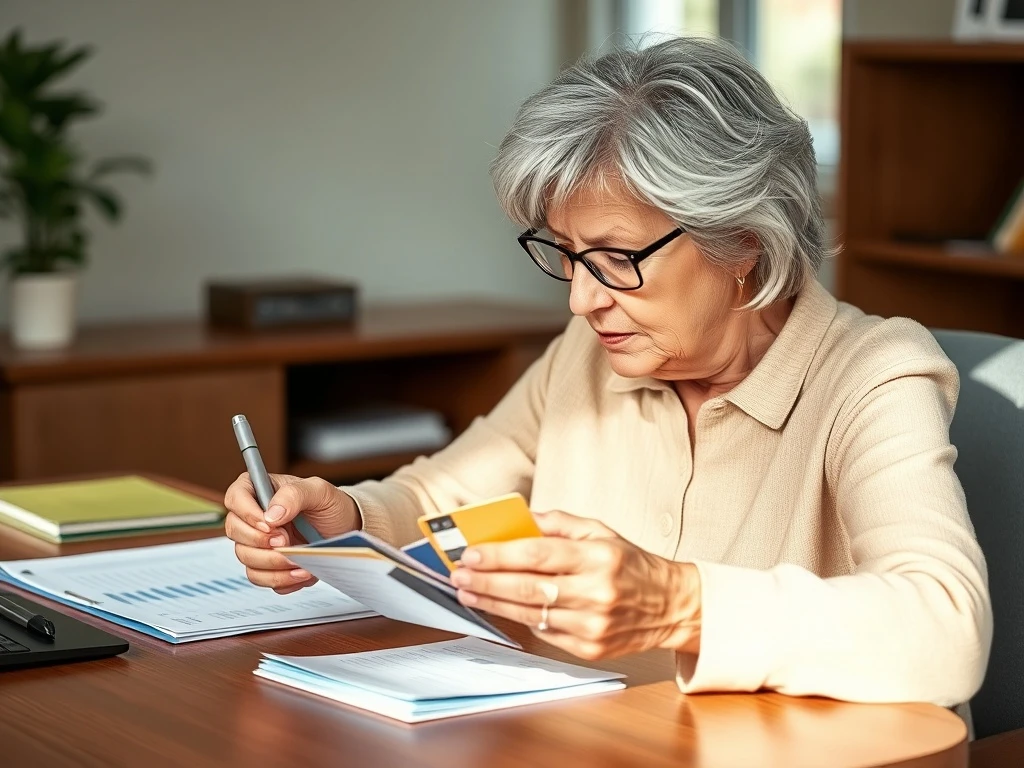 Senior woman strategically planning to cancel credit cards while protecting her credit score