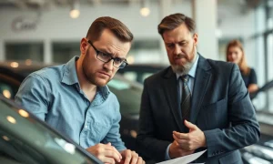 Car buyer avoiding common car buying mistakes while reviewing vehicle documents
