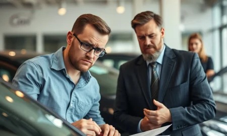 Car buyer avoiding common car buying mistakes while reviewing vehicle documents