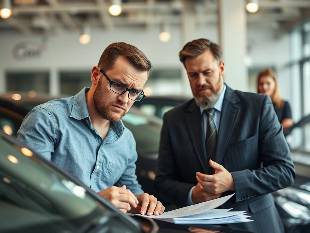 Car buyer avoiding common car buying mistakes while reviewing vehicle documents