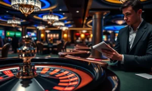 A person calmly observing a roulette wheel, symbolizing effective casino strategies and disciplined play.