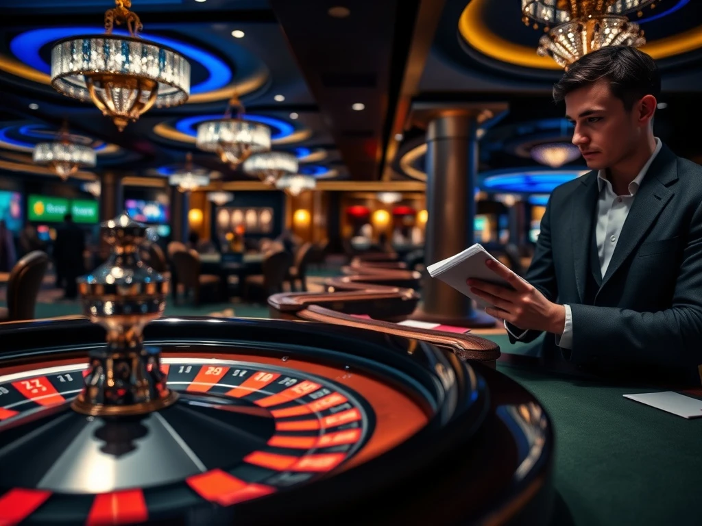 A person calmly observing a roulette wheel, symbolizing effective casino strategies and disciplined play.