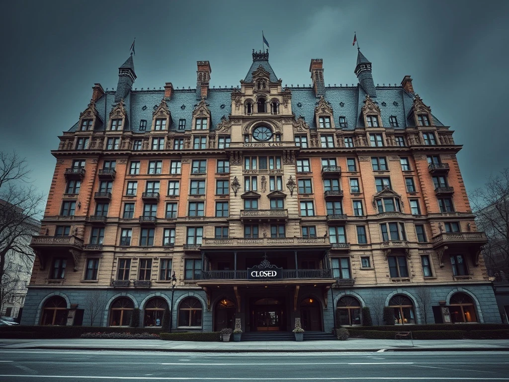 An imposing New York castle hotel, its grand facade hinting at the financial distress behind its recent castle hotel bankruptcy filing.