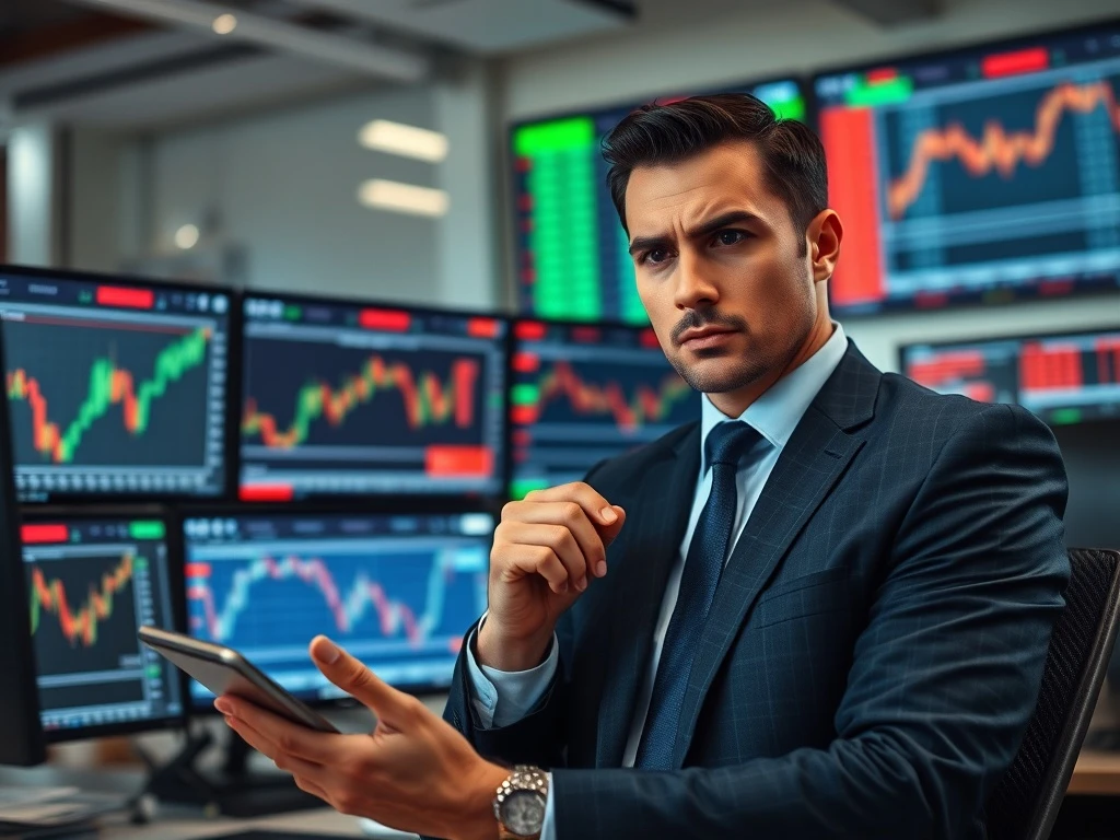 Cautious investor approach shown through analyst monitoring volatile market data screens