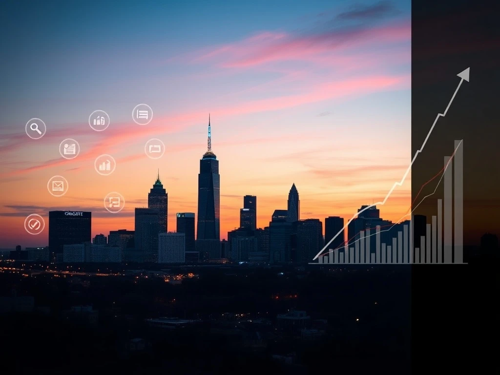 Charlotte skyline at dusk, overlaid with digital data points, symbolizing the city's quiet mastery of Charlotte SEO and Google rankings.