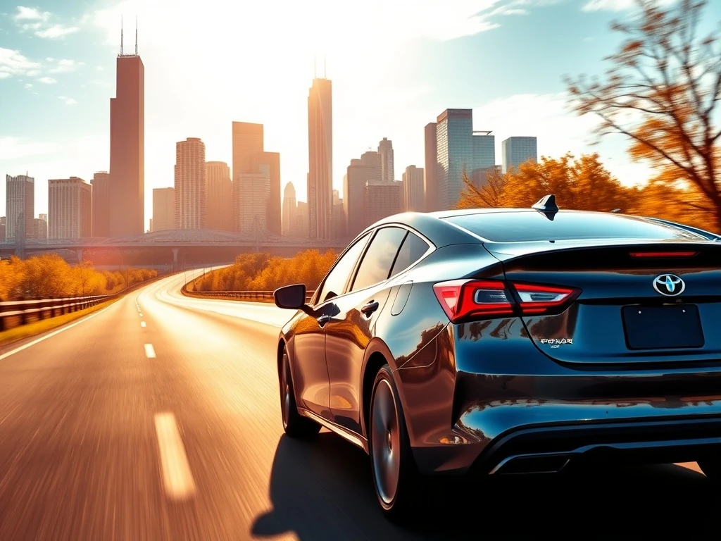 A car navigating Chicago streets with the skyline visible, illustrating how to find cheap car insurance Chicago for city residents.
