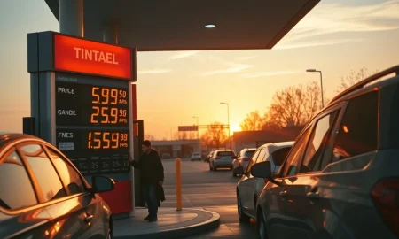 Low Labor Day gas prices at modern station with happy travelers fueling vehicles