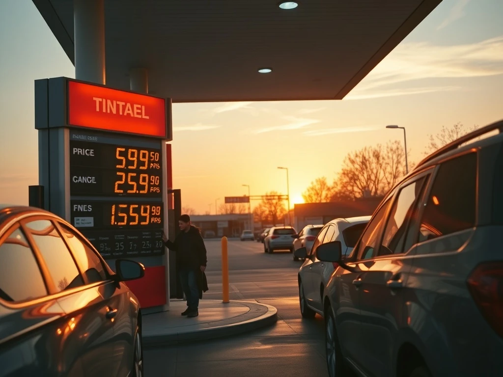 Low Labor Day gas prices at modern station with happy travelers fueling vehicles