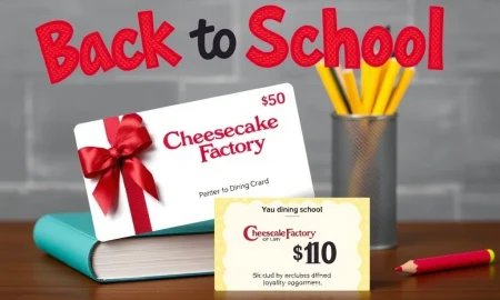 A Cheesecake Factory gift card with a bonus dining credit, highlighting the exclusive Cheesecake Rewards offer.