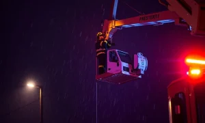 Emergency cherry picker rescue operation saving lives at height during storm