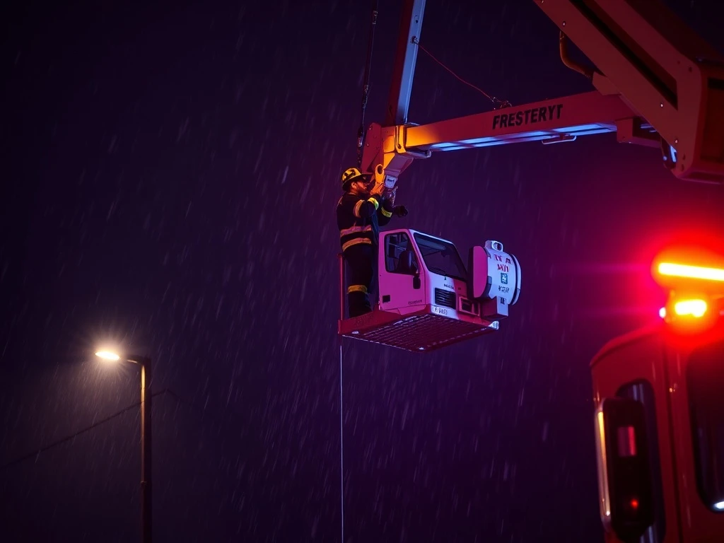Emergency cherry picker rescue operation saving lives at height during storm
