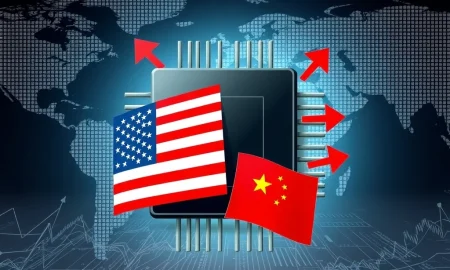 Illustration depicting the flow of China chip revenue from tech companies to the US government, highlighting the strategic implications.