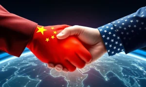 Depiction of the China-U.S. tariff truce being maintained, with Nvidia's technology symbolizing the key factor.