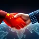 Depiction of the China-U.S. tariff truce being maintained, with Nvidia's technology symbolizing the key factor.