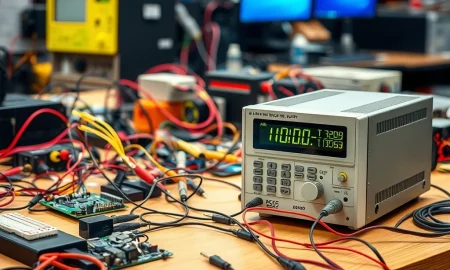 A technician precisely adjusting a bench power supply to power a delicate electronic circuit, ensuring stable voltage for testing.